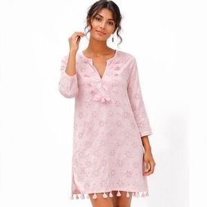 J.Crew Pink Eyelet Tassel Tunic Dress XS Boho Beach Cover Up Embroidered Cotton